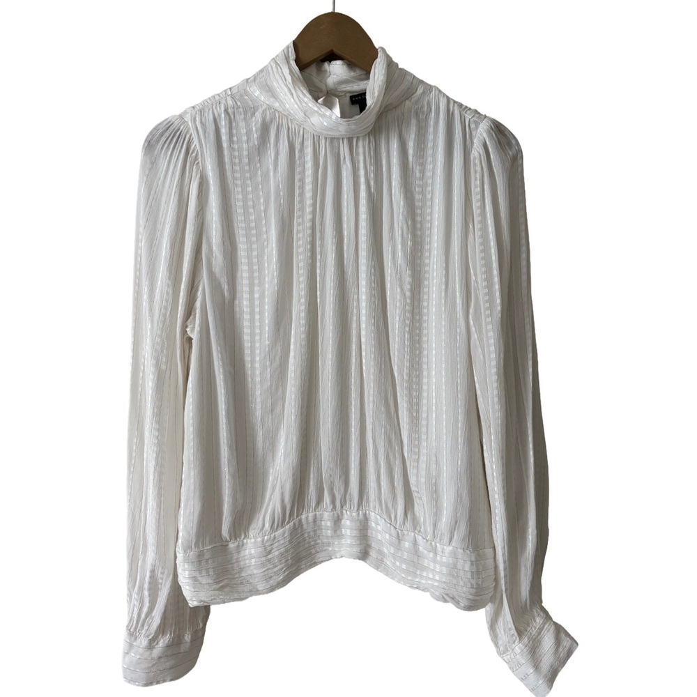Ann Taylor 0ff-White + Metallic Weave High-Neck Blouse